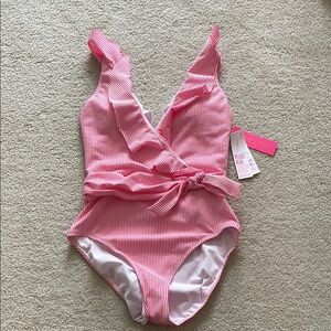 NWT Lilly Pulitzer Pink Striped Delphie One-Piece Swimsuit, size 12